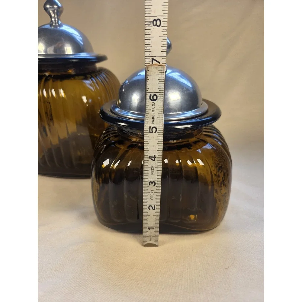 VINTAGE APOTHECARY ARTLAND AMBER RIBBED GLASS CANISTERS PEWTER with LIDS